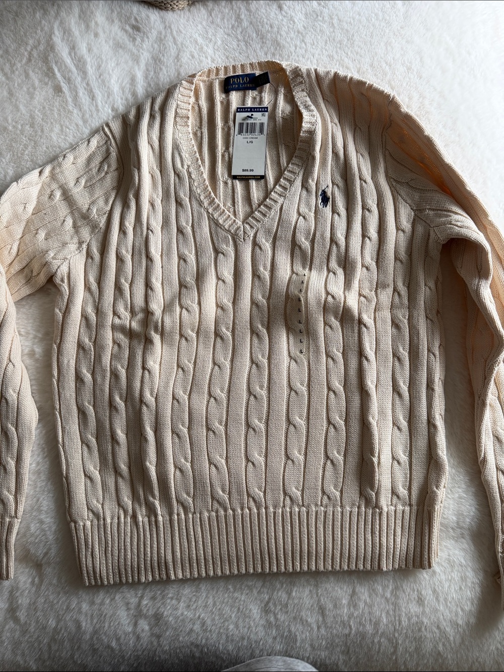 Polo by Ralph Lauren women’s Beige Cable-Knit V-Neck Sweater